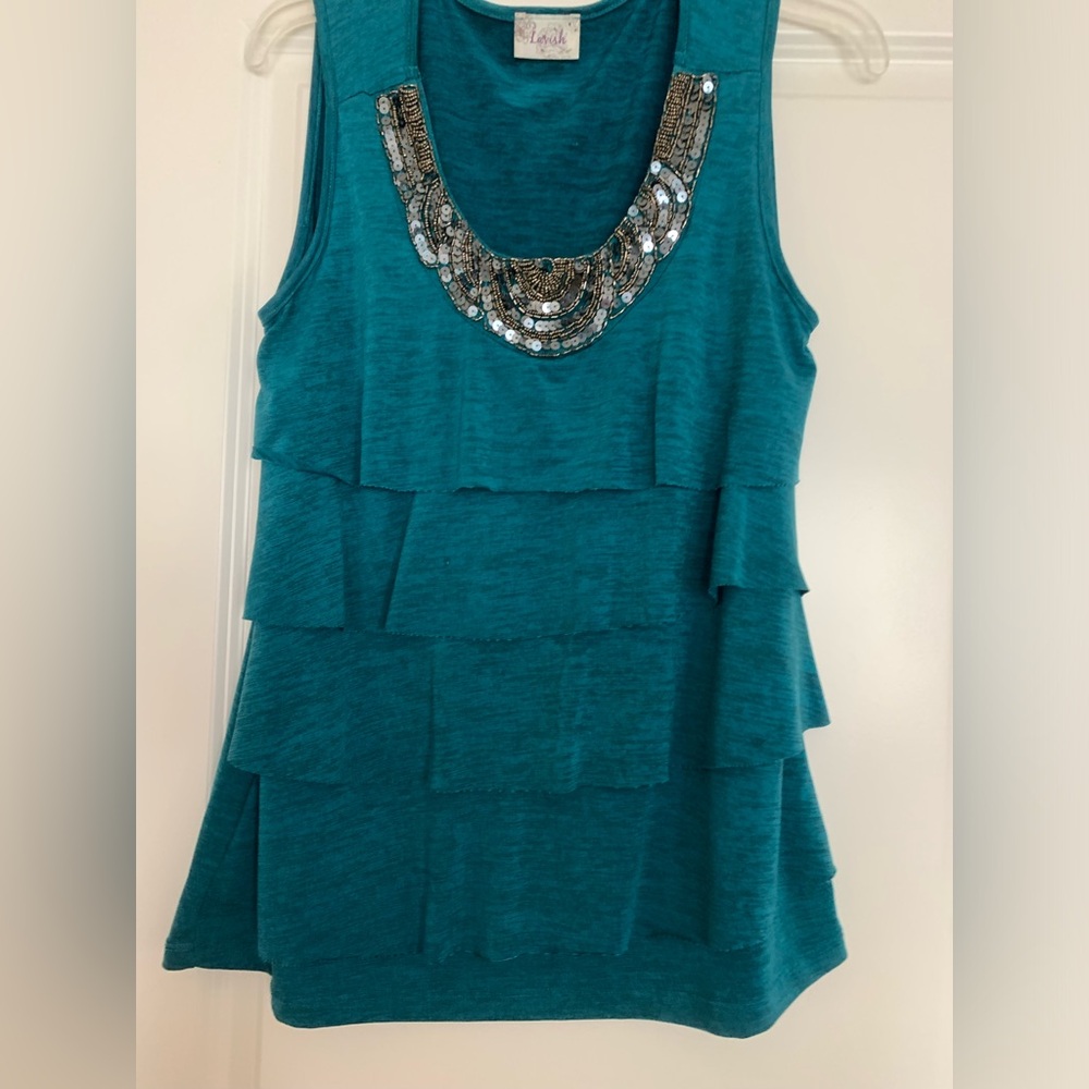 Lavish Teal-Sequenced Embellished Neckline Four Tier Ruffle